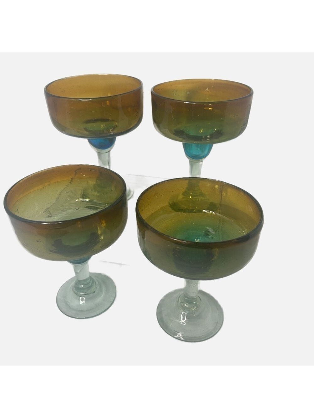 Handblown Mexican Amber and Teal Glass Goblets Set